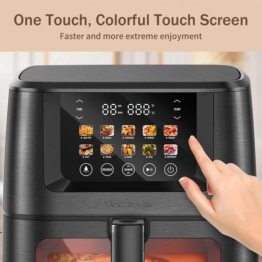 SEEDEEM Max XL Air Fryer 8QT, 10-in-1 Digital Air Fryer Oven with Color Touchscreen & Viewing Window, Toaster Oven Combo for Broil, Roast, Dehydrate, Bake – Black