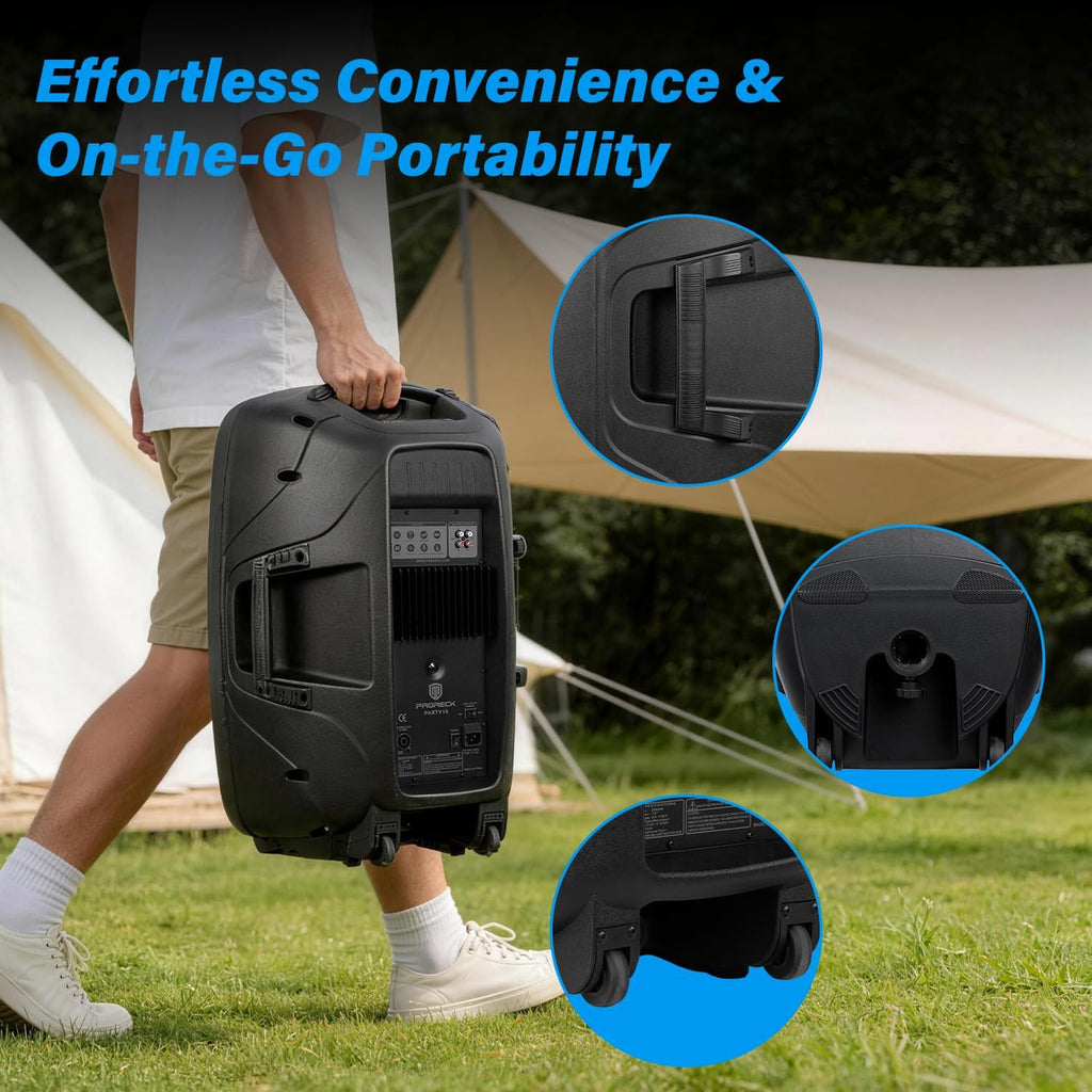 PRORECK Party 15 Portable 15-Inch 2000 Watt 2-Way Powered PA Speaker System Combo Set with Bluetooth/USB/SD Card/FM/Remote Control/LED Light for Indoor, Outdoor DJ Parties, Karaoke