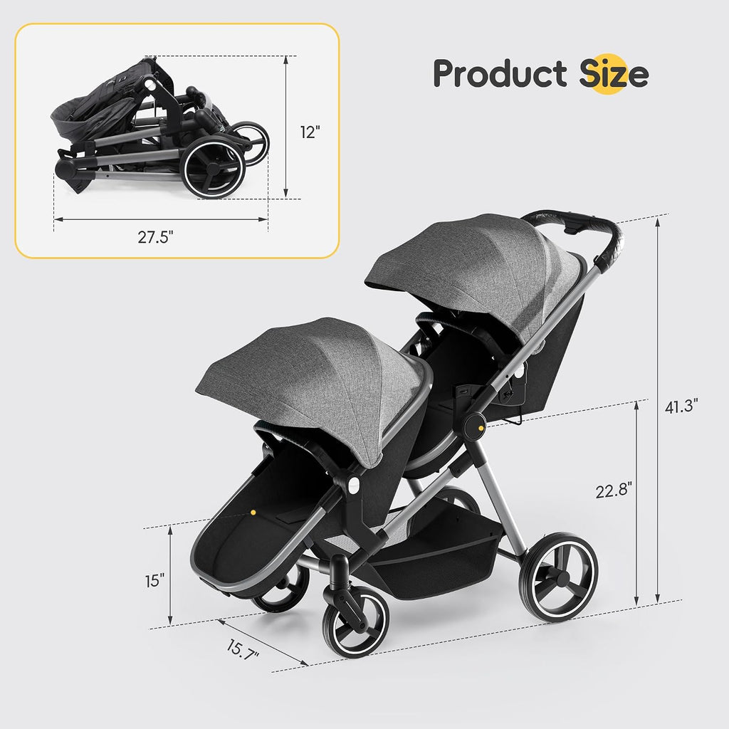 MU Double Stroller, Foldable Twin Tandem Stroller with Adjustable Backrest, Reversible Seat, 5-Point Harness, Storage Basket, Convertible Baby Bassinet for Infant and Toddler, Gray