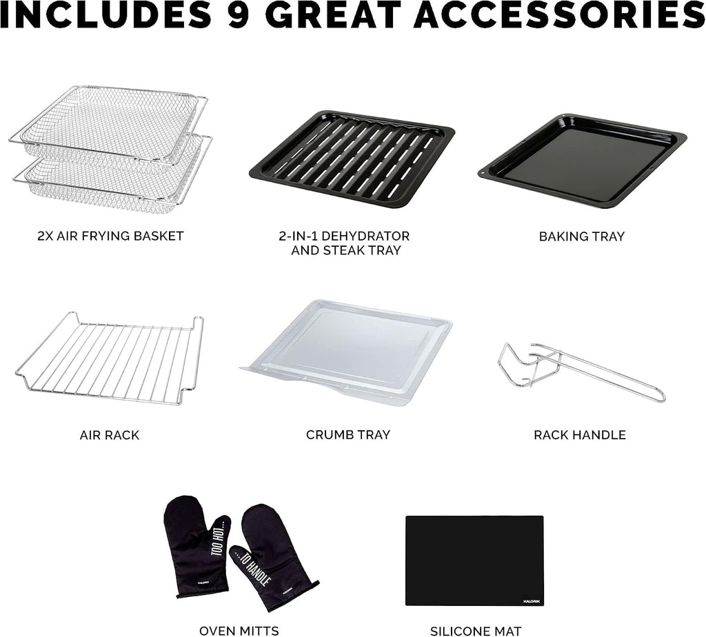 Kalorik MAXX® Digital 16-Quart Air Fryer Oven, 9-in-1 Countertop Toaster Oven and Air Fryer Combo, 21 Smart Presets, 9 Easy-to-Clean Accessories, 1600W, Stainless Steel, AFO 50932 OW