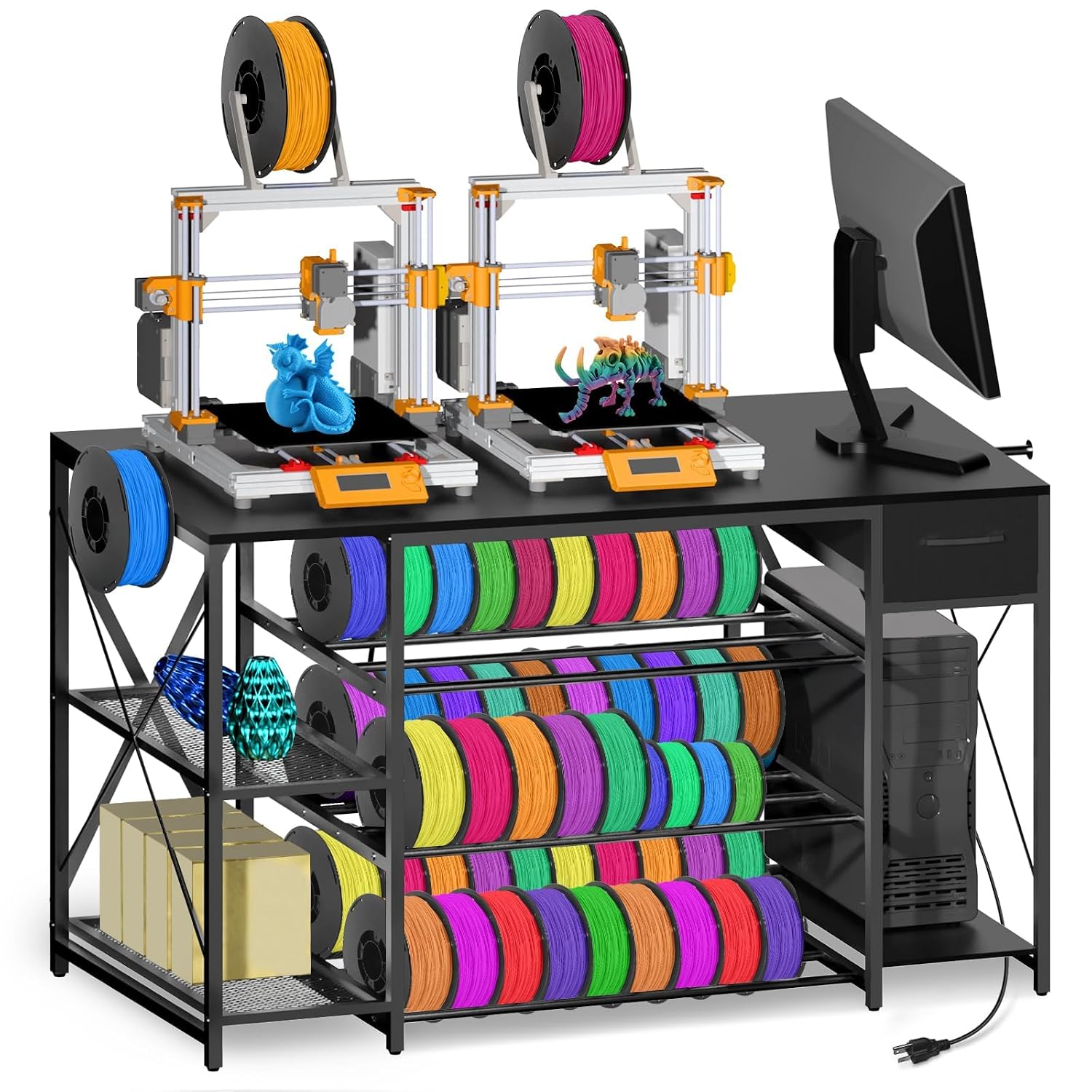 Professional 3D Printer Stand with Massive Filament Storage, Heavy Duty 4-Tier 3D Printer Table Workbench with Power Hub & Drawer, Stable 3D Printing Station for Bambu Lab, Creality & Workshop, Black