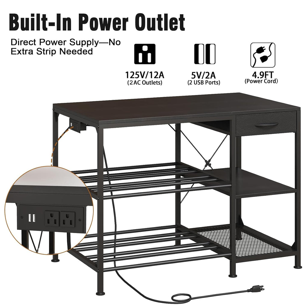 3D Printer Table with Filament Storage, 3-Tier 3D Printer Stand with Power Outlet & Drawer, Heavy Duty 3D Printer Rack for Workshop Studio Office (Black)