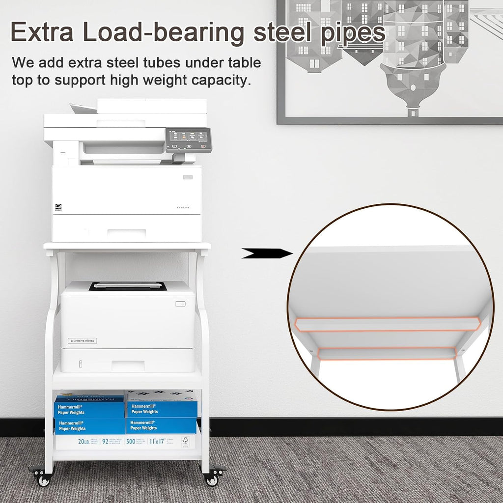 Natwind Large Printer Stand, 24''x20''x29'' Printer Table with Adjustable Storage Shelf, 3 Tier Rolling Cart with Wheels, Multifunctional Home Office Shelves for Heat Press, 3D Printer (White)