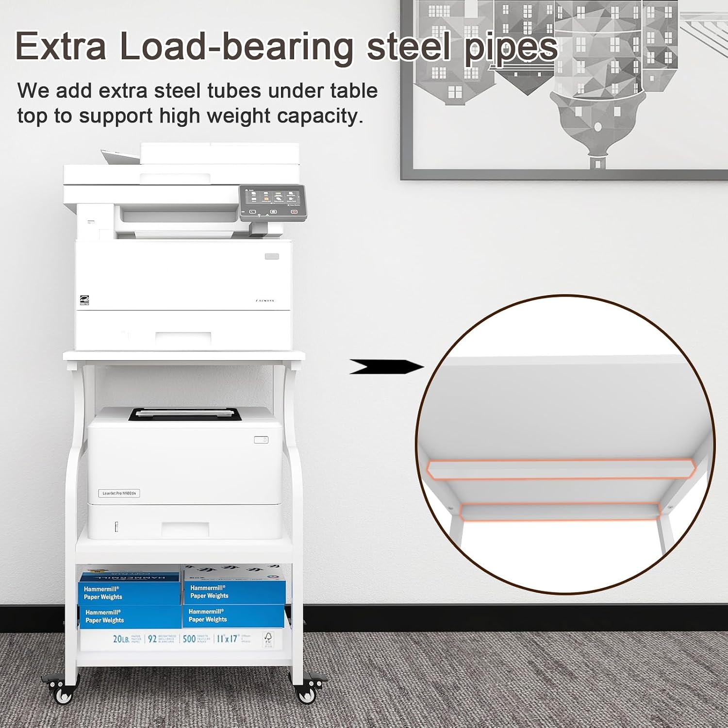 Natwind Large Printer Stand, 24''x20''x29'' Printer Table with Adjustable Storage Shelf, 3 Tier Rolling Cart with Wheels, Multifunctional Home Office Shelves for Heat Press, 3D Printer (White)