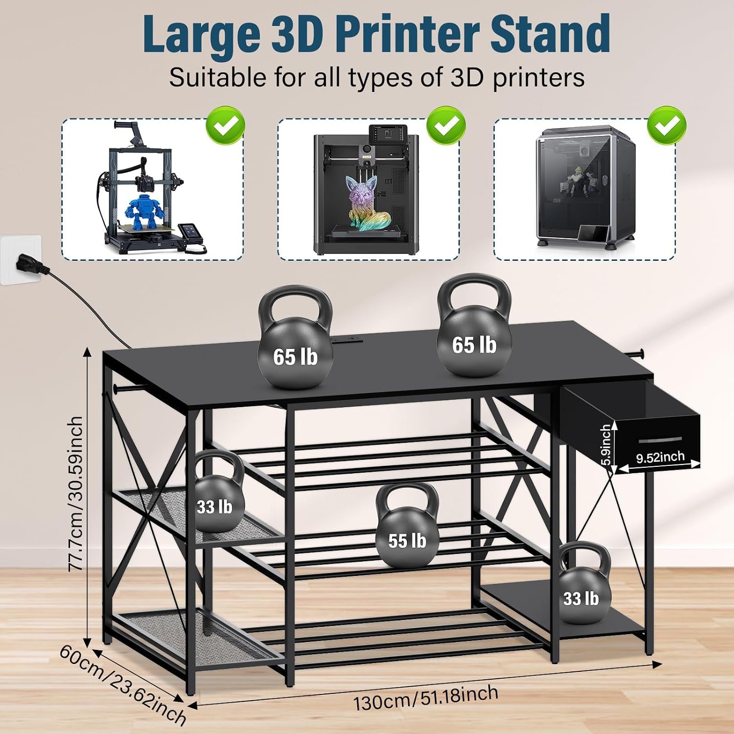 Professional 3D Printer Stand with Massive Filament Storage, Heavy Duty 4-Tier 3D Printer Table Workbench with Power Hub & Drawer, Stable 3D Printing Station for Bambu Lab, Creality & Workshop, Black