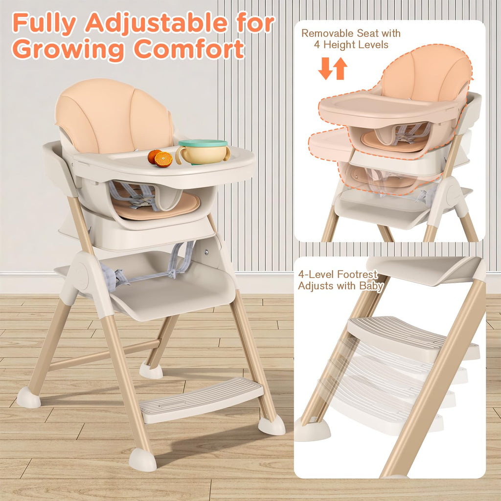 6-in-1 High Chair for Babies and Toddlers, 2026 New Aluminum Alloy Folding Toddler Step Stool with 4-Position Height, Detachable Double-Layer Tray, 6 Growing Stages from Infant to Toddler Seating