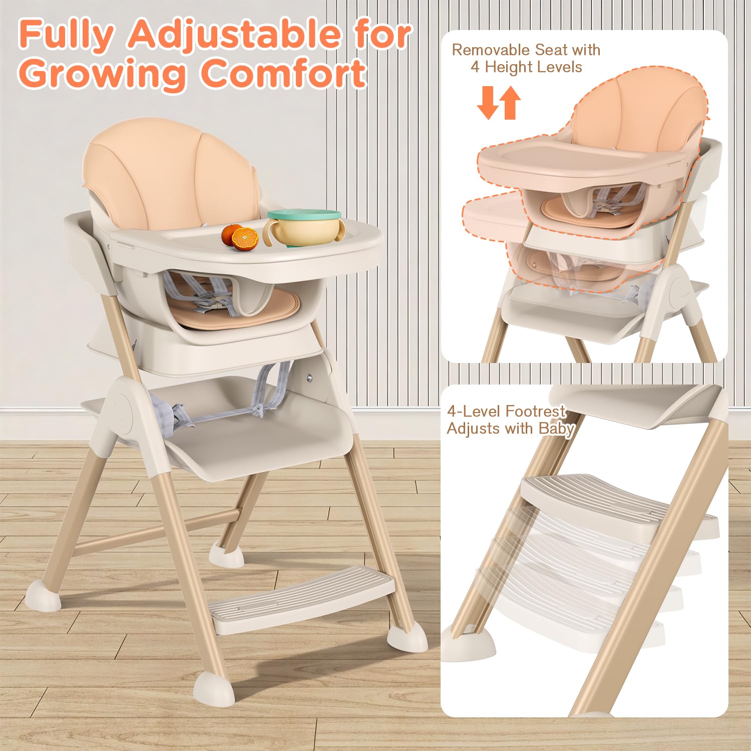 6-in-1 High Chair for Babies and Toddlers, 2026 New Aluminum Alloy Folding Toddler Step Stool with 4-Position Height, Detachable Double-Layer Tray, 6 Growing Stages from Infant to Toddler Seating