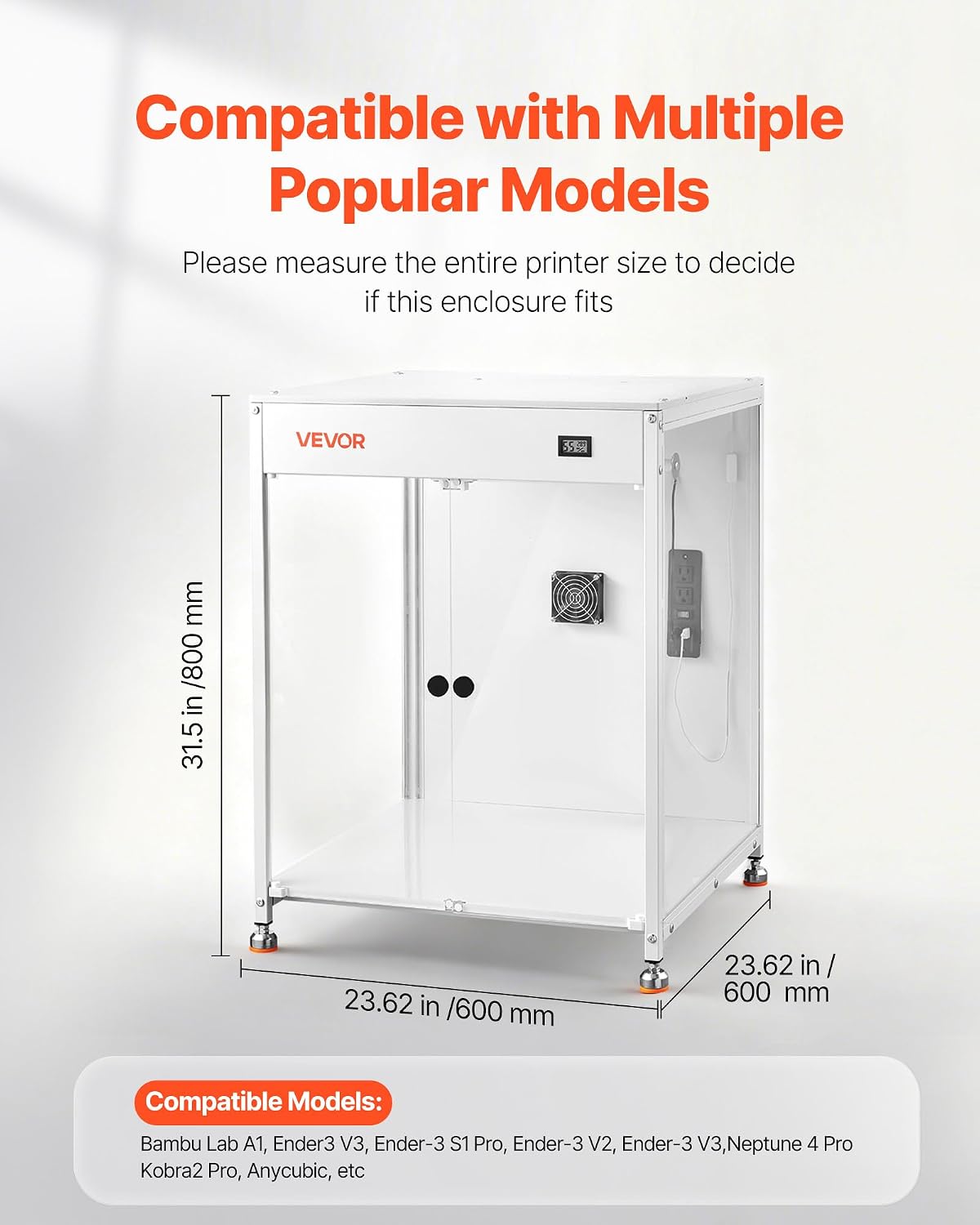 VEVOR 3D Printer Enclosure with Ventilation, Dustproof Waterproof Transparent Acrylic 3D Printer Tent, Constant Temperature Protective Case with LED, Compatible with Bambu Lab, Ender, Neptune, Kobra