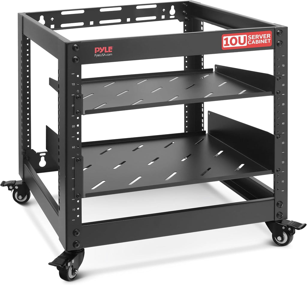Pyle 10U Network Cabinet - Enclosed Wall Mount Server Rack w/Fan, Lockable Door, Heavy-Duty Wheels, Steel Construction, Vented Shelves, Easy Access, 19' Equipment Compatible, 20 x 20 x 17 in (Black)
