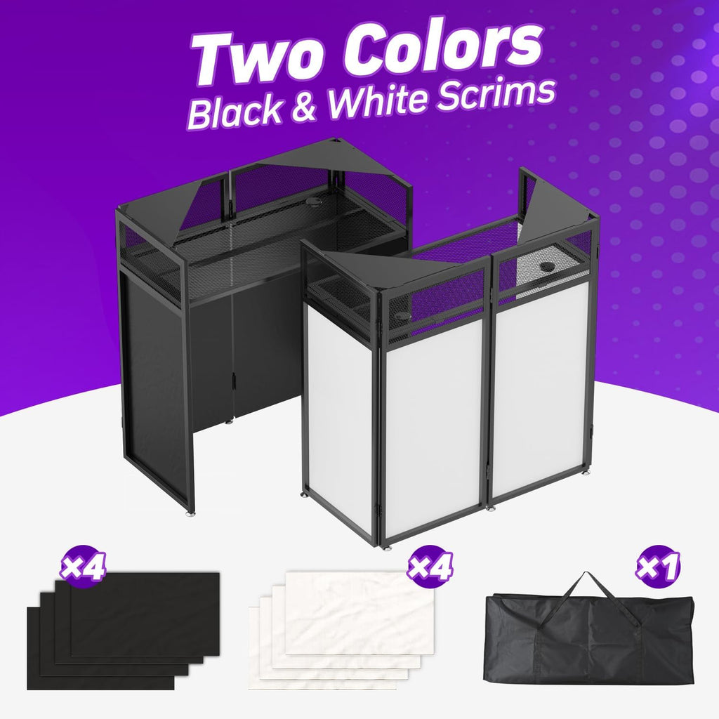 YooKoo Foldable DJ Booth with Two Top Trays, Tool-Free Assembly, DJ Table with White & Black Scrims, Metal Frame DJ Facade, DJ Stand with Cable Hole and Carry Bag, for Parties & Events & Small Studios