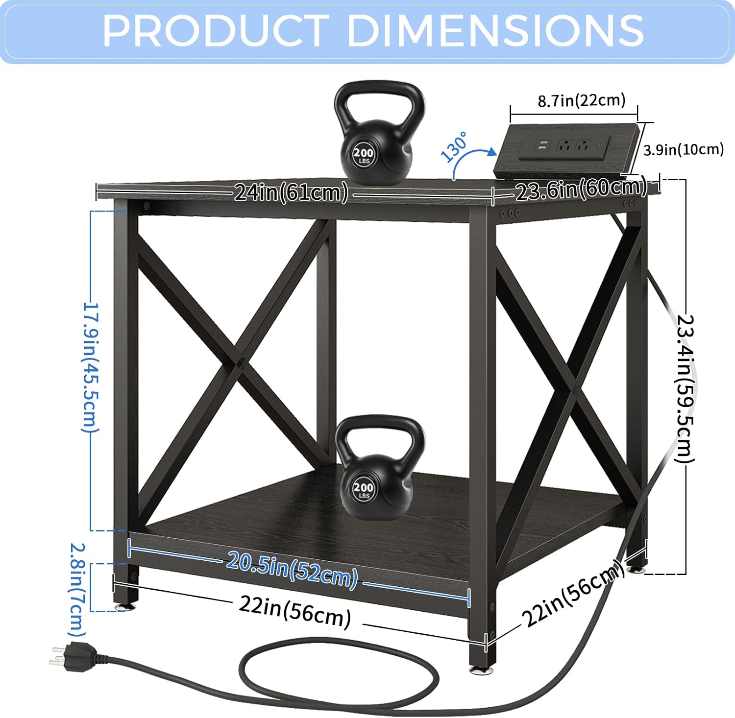 METYERRY Large Printer Stand with Power Outlet, with Storage Shelf, 2 Tier Rolling Printer Cart with Industrial Wheels, 23.6 x 23.6 Inches Printer Table for Home Office,Black