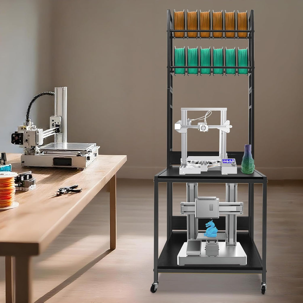 3D Printer Stand Double Layer 3D Printer Filament Storage Rack, Spools Holder Racks, Mobile Printer Table with Wheels for Studio Office Storage and Organization (Black)