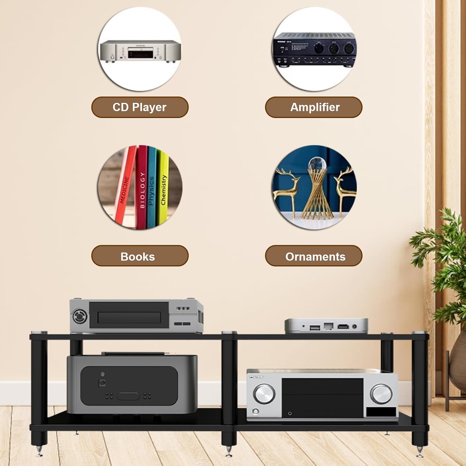 2 Tier Long AV Media Stand, Stereo Racks and Stands with Speaker Spikes, Components Cabinet Home Theatre CD Record Player Receiver Equipment Rack (Black, 2-Tier)