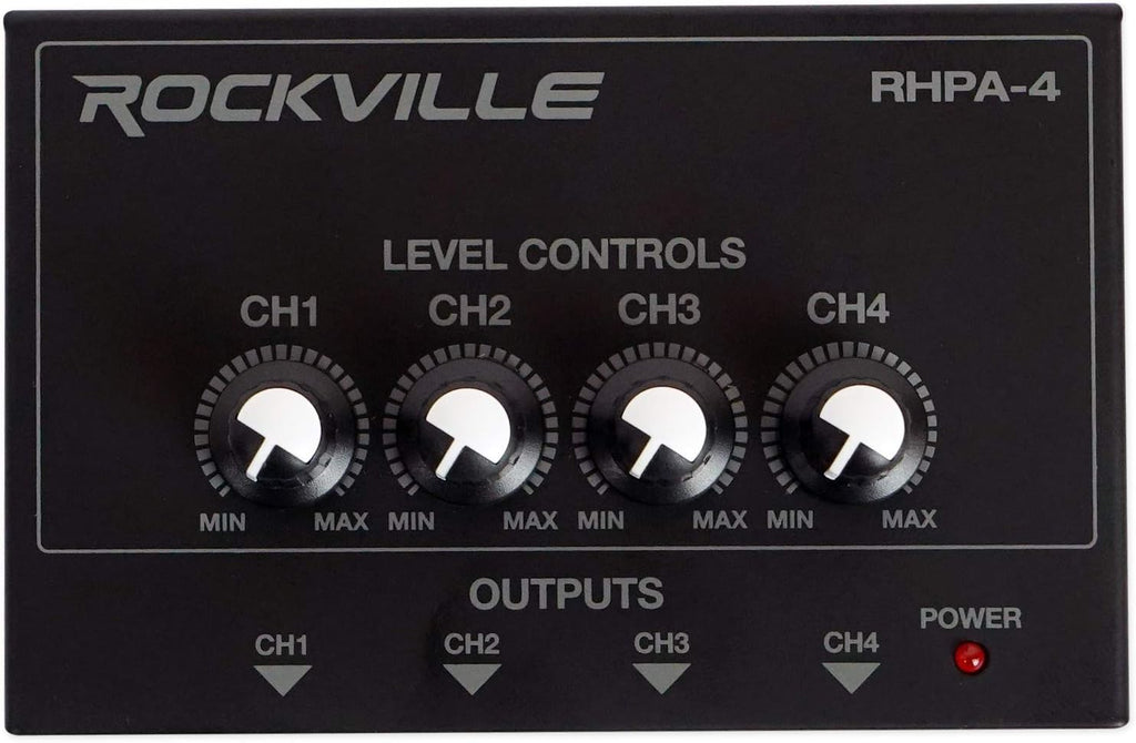 Rockville 4-Person Podcast Recording Package LINE8 USB 8-Channel Mixer and USB Audio Interface with (4) PRO-M50 Headphones, (4) RMIC-SR Mics, Stands, RHPA4 Amp, Cables (15 Items)