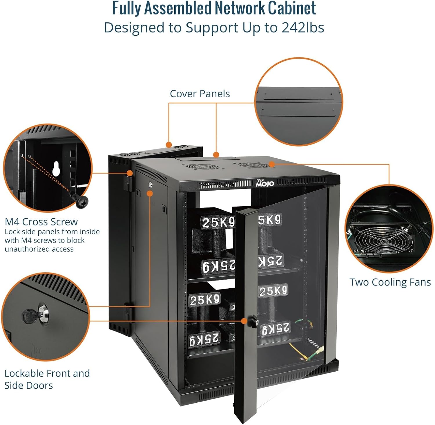 Tecmojo Fully Welded Server Cabinet, 15U Wall Mount Rack, 21.7inch Depth Network Rack, Glass Door, Swing Out, Load Bearing 242lbs (110 kg), Network Cabinet for 19in Computer/AV/Data/IT Equipment