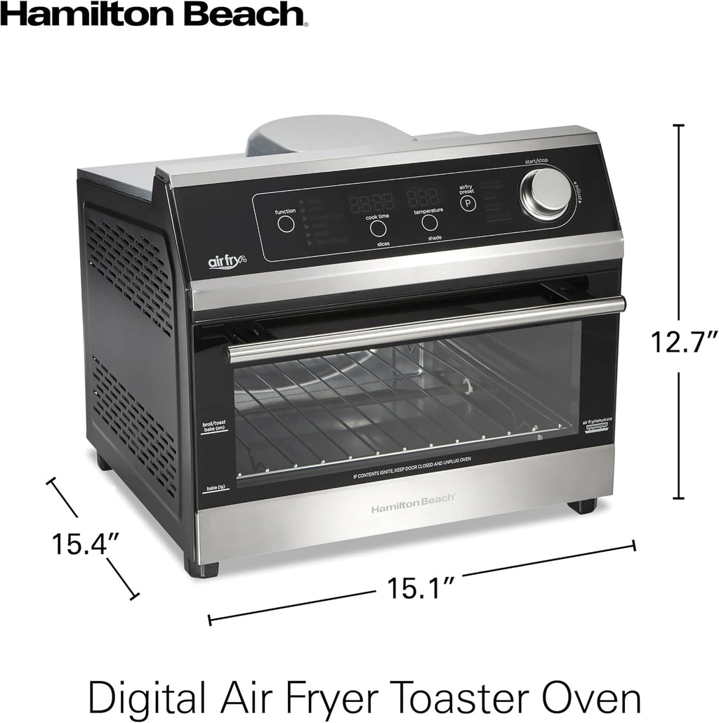 Hamilton Beach Digital Air Fryer Toaster Oven Combo, 10 Ways to Cook, 4 Preset Functions, Stay On & 1800 Watts, LED Capacitive-Touch Controls, 2 Rack Positions, Fits 12' Pizza, Black & Stainless Steel