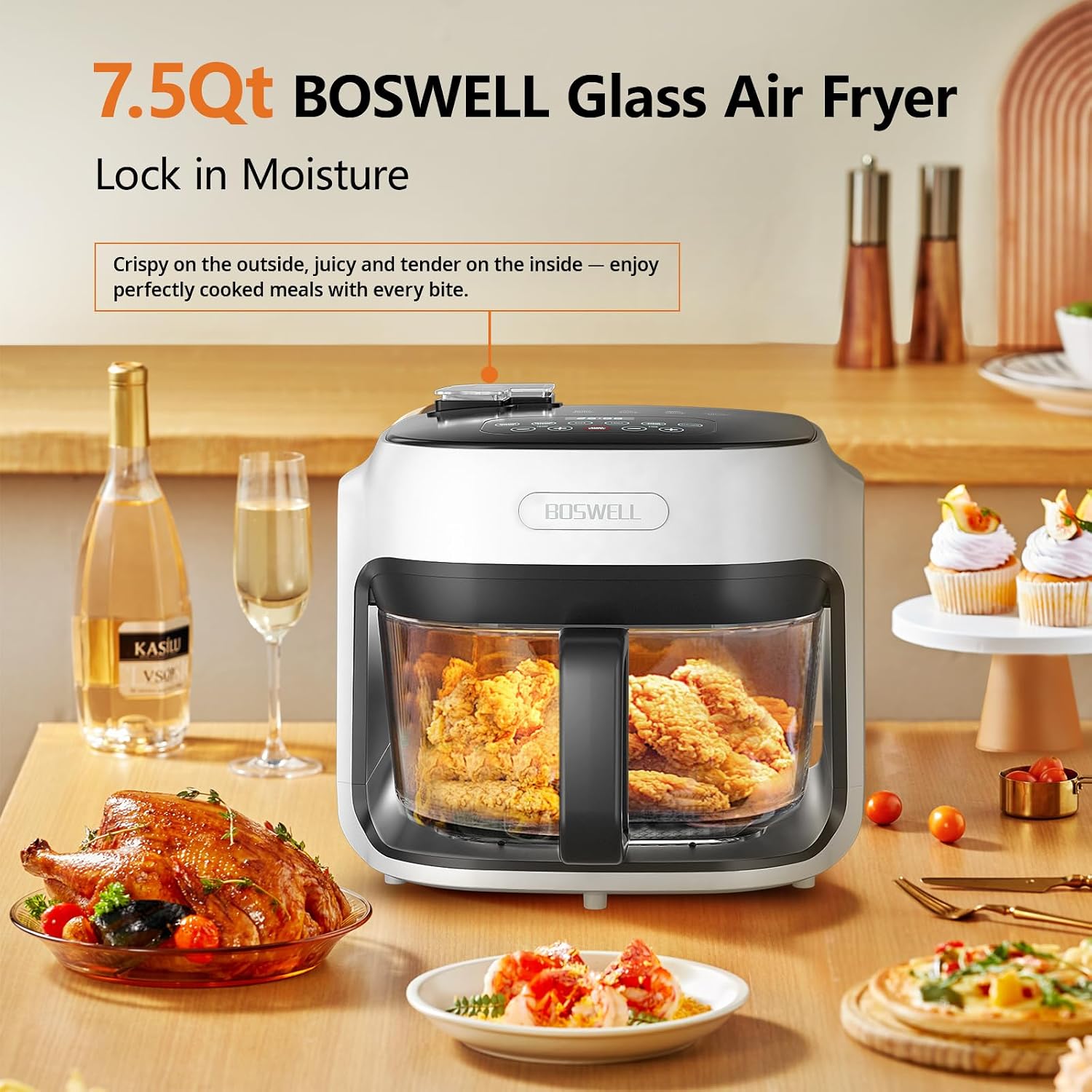 BOSWELL Glass Air Fryer, 7.5QT Borosilicate Bowl with Circulating Heat, Digital Touchscreen, 400°F Max Temp, Oil-Free Fryer with Mist Function, Dishwasher Safe (White)