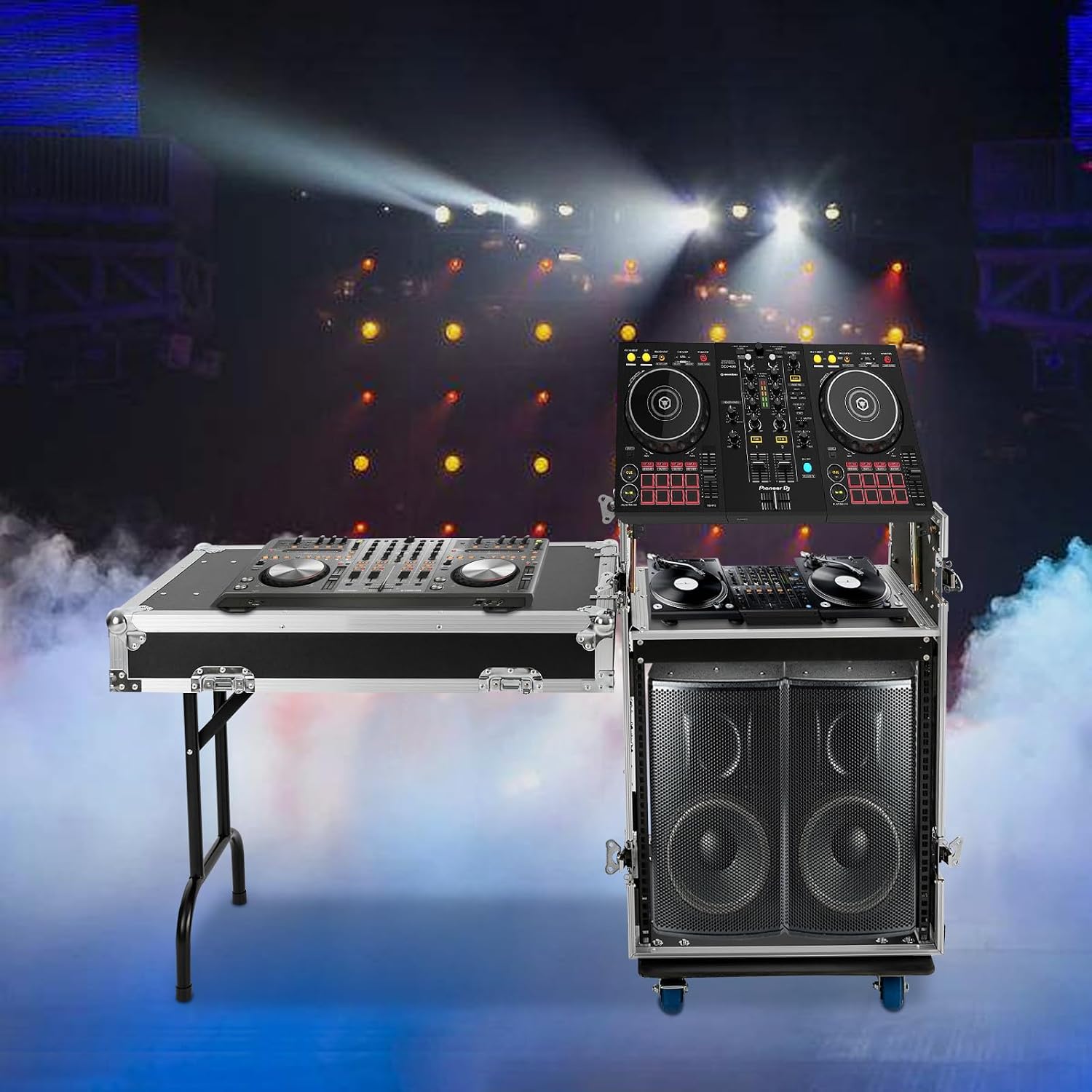12U PA DJ Rack with 4 Wheels, Heavy-Duty Mobile Audio Equipment Cabinet with Side DJ Table Top, 661 lbs Capacity Studio Rack for Mixer, Amplifier, Speakers (12U /Side Table)