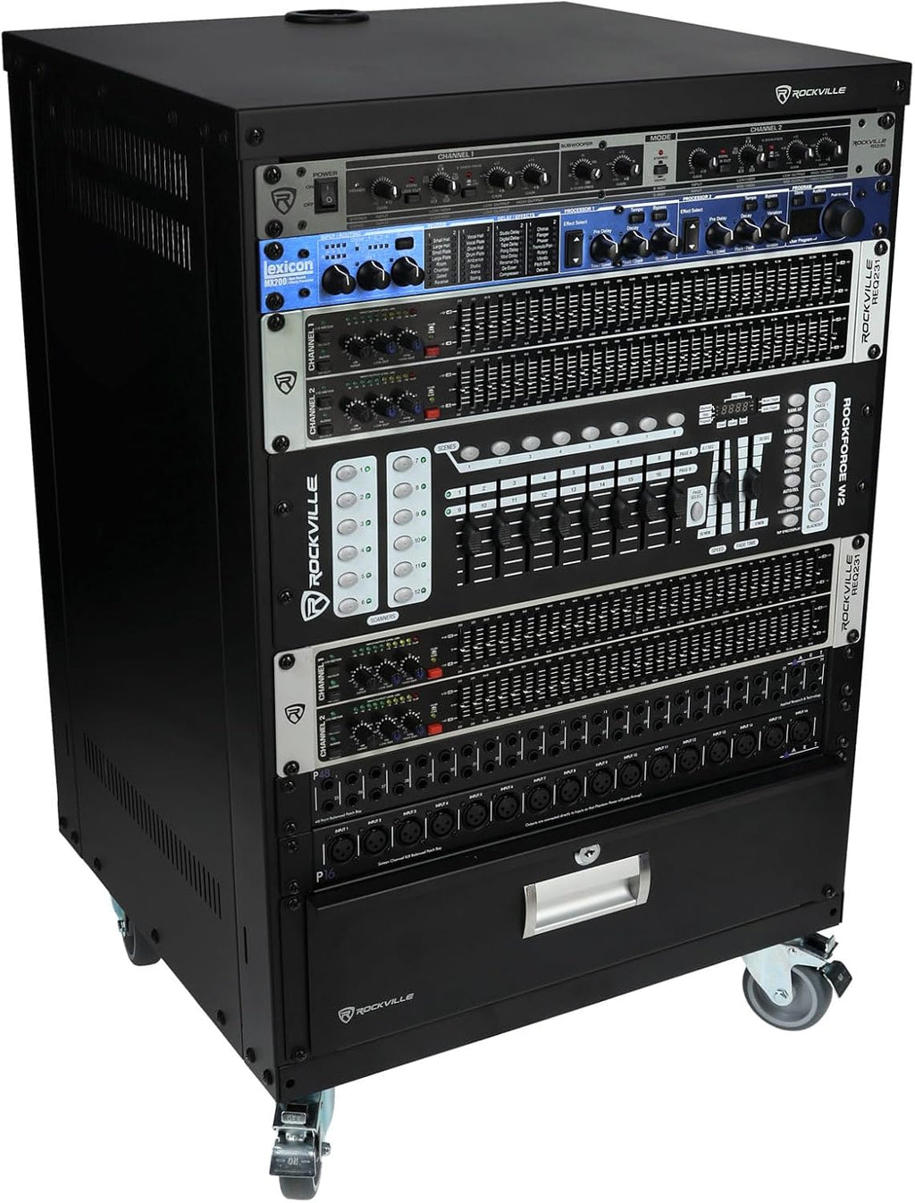 Rockville RR14U 14U Live Sound/Recording Studio Rack Case with Wheels, Reversible Rack Rails, Front & Rear Mounting, Cable Management Ports, 440lb Capacity