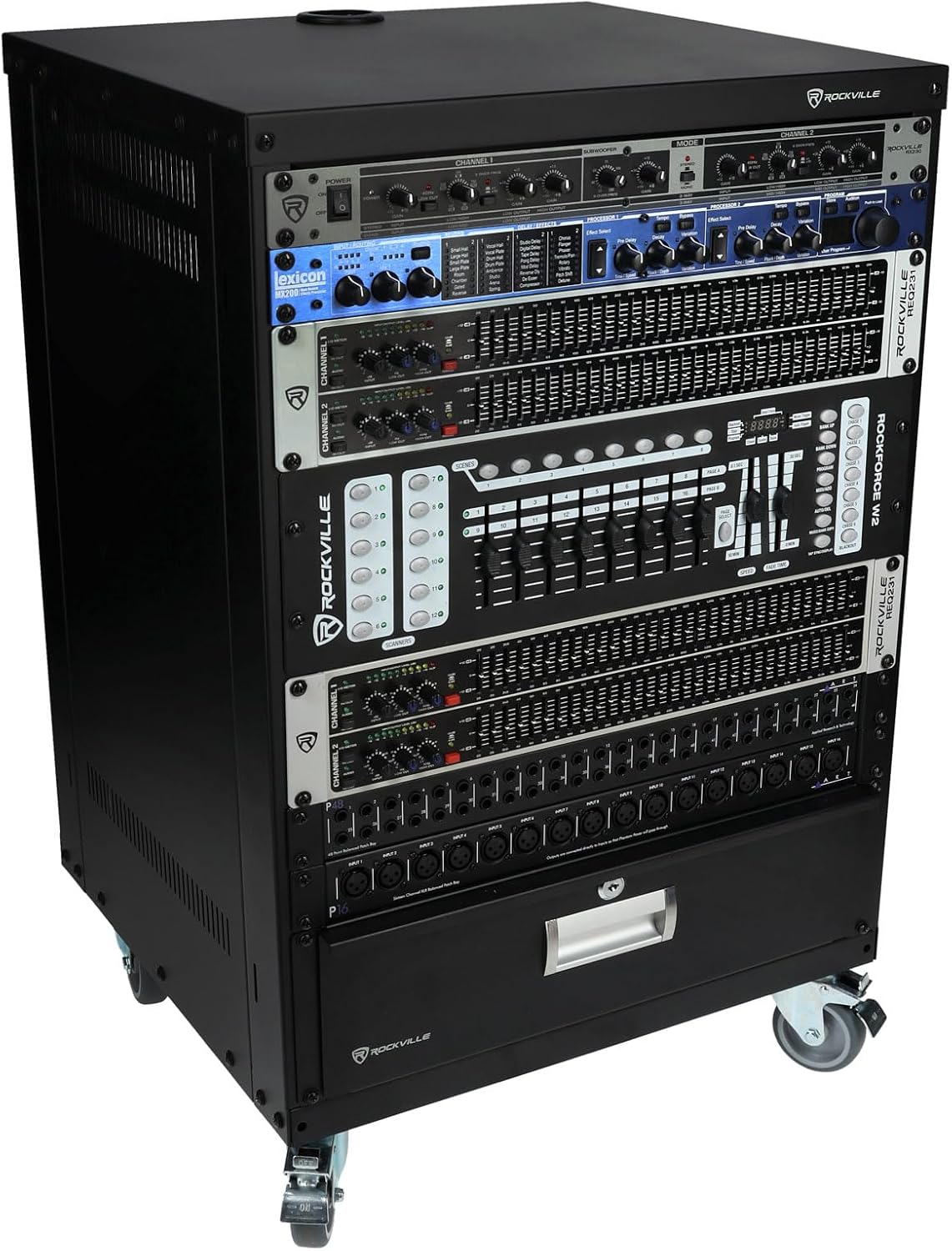 Rockville RR14U 14U Live Sound/Recording Studio Rack Case with Wheels, Reversible Rack Rails, Front & Rear Mounting, Cable Management Ports, 440lb Capacity