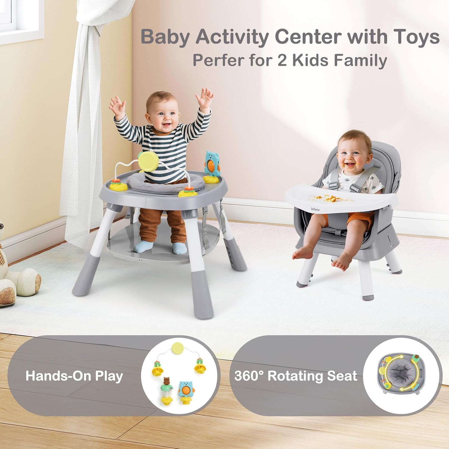 INFANS 9 in 1 High Chair, Convertible Baby Highchair for Babies and Toddlers, Table and Chair Set Building Block Infant Dining Booster Seat, Kids Stool with Activity Children Play Kitchen (Grey)