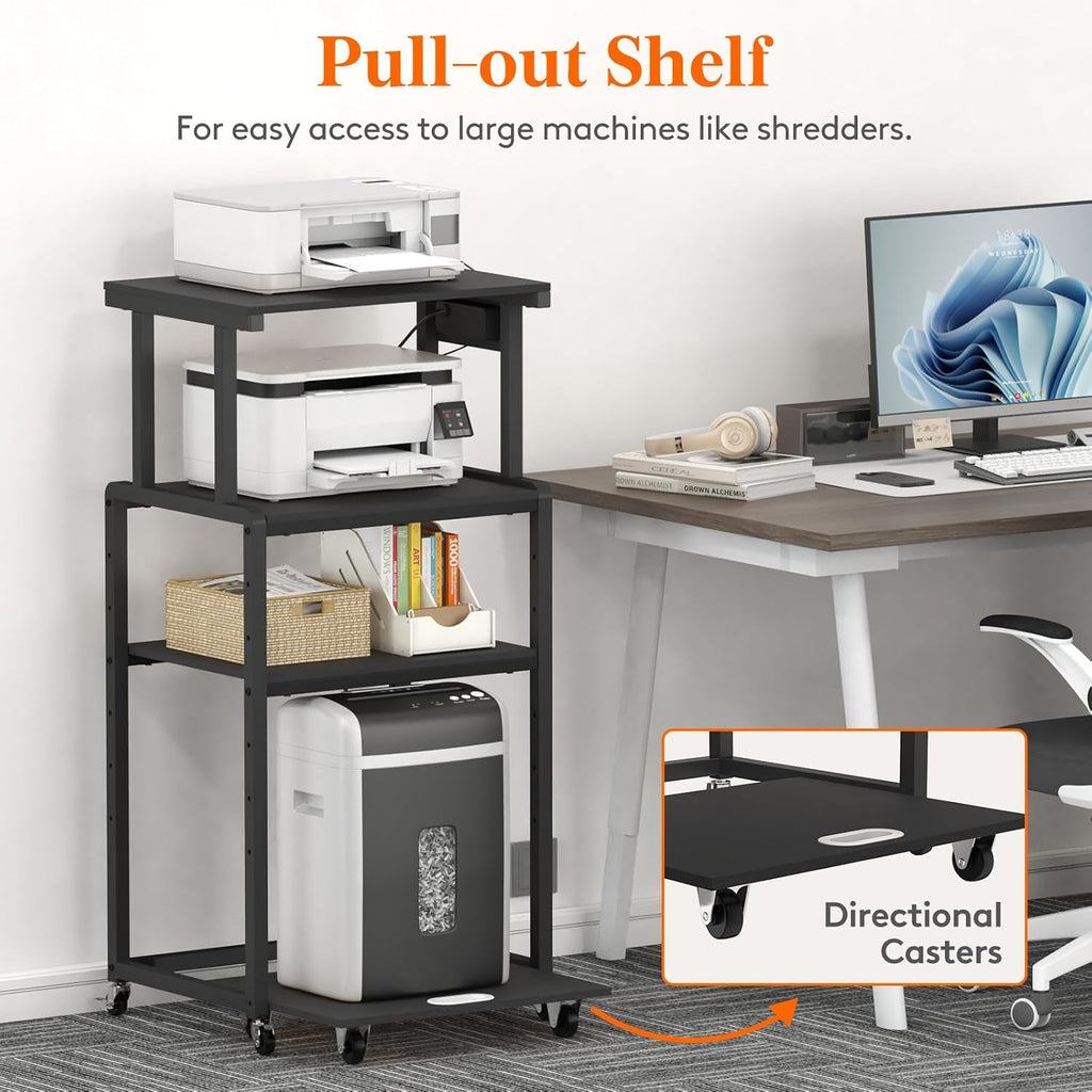 Lifewit 4 Tier Printer Stand with 3 Power Outlets, Wheels and Adjustable Storage Shelf for Home Office, Rolling Printer Cart for Shredder, Scanner, Fax, Hold 340lbs, Black