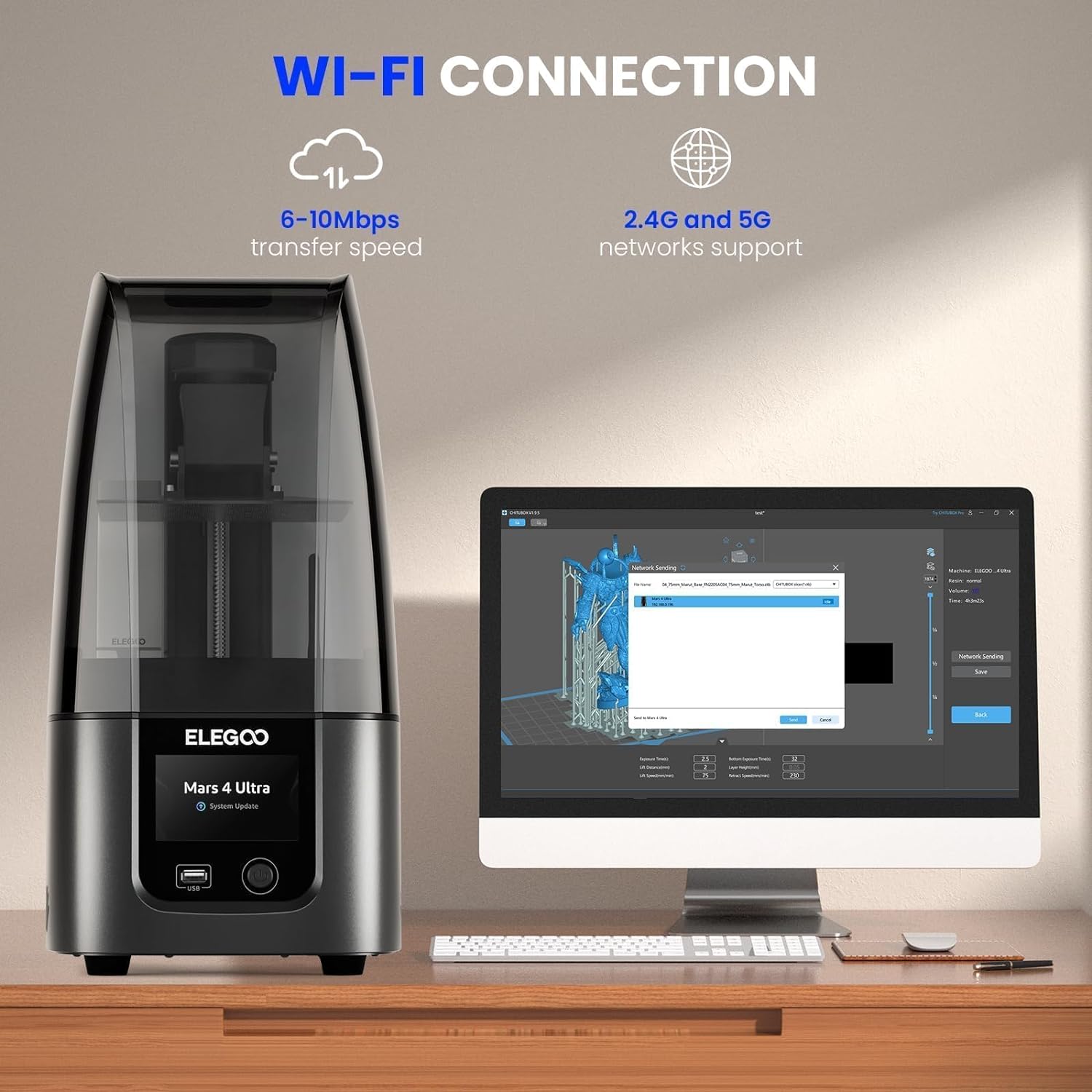 ELEGOO Mars 4 Ultra MSLA 3D Printer with 7' 9K LCD, Wi-Fi, ACF Release Liner Film - 6.5 × 6.04 × 3.06 inches Printing Size