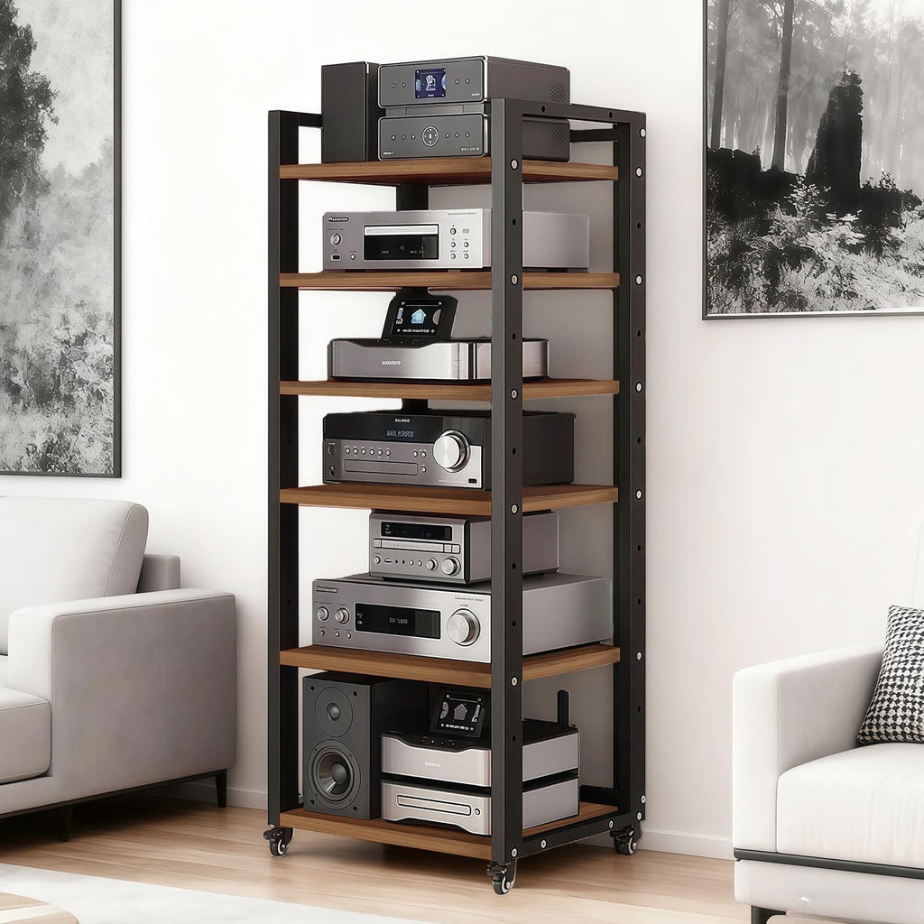 6-Tier AV Media Stand, Audio-Video Shelving with Wheels, Adjustable Media Console Cabinet, Modern Stereo Rack, Metal Media Shelf for Record Player, DVD, TV Box