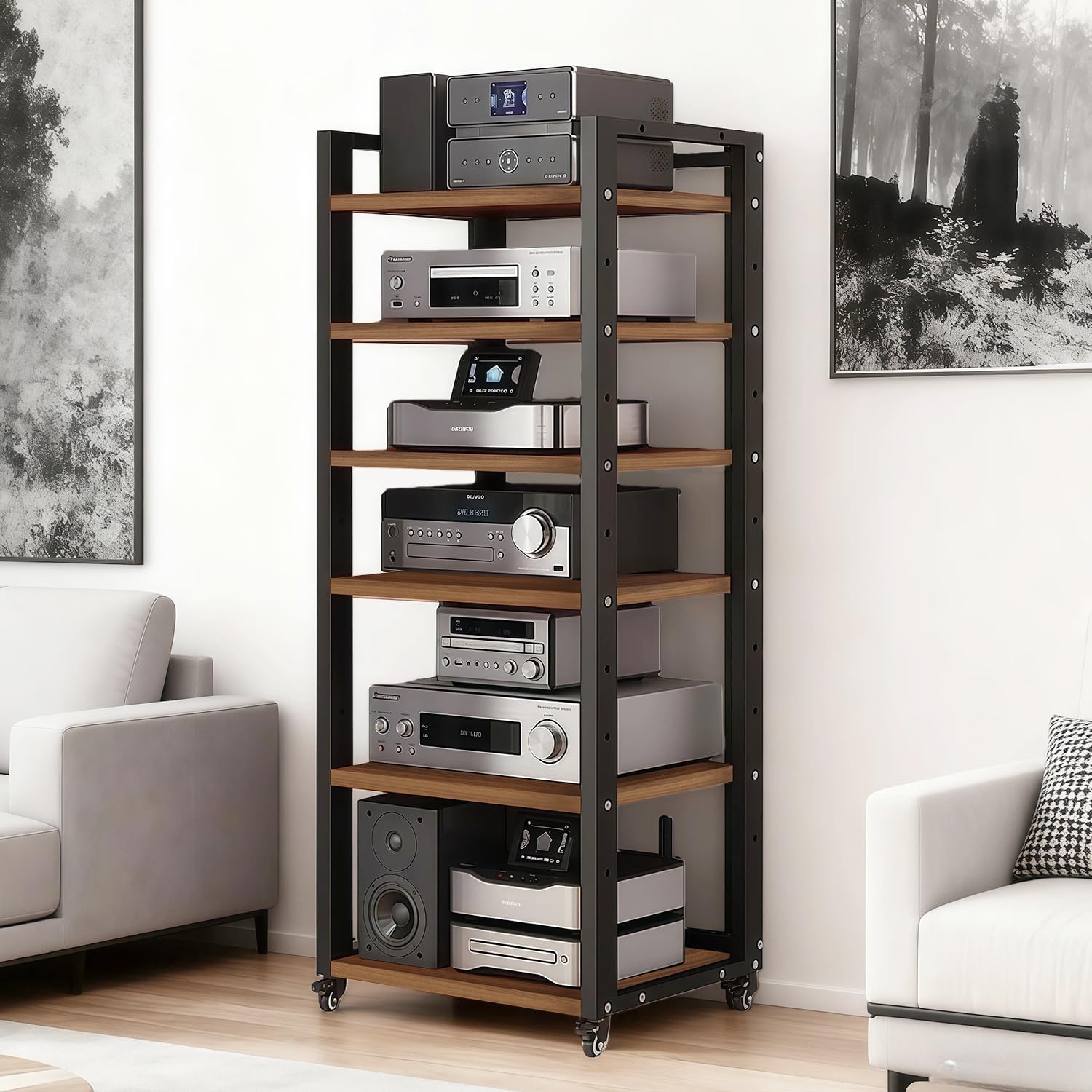 6-Tier AV Media Stand, Audio-Video Shelving with Wheels, Adjustable Media Console Cabinet, Modern Stereo Rack, Metal Media Shelf for Record Player, DVD, TV Box