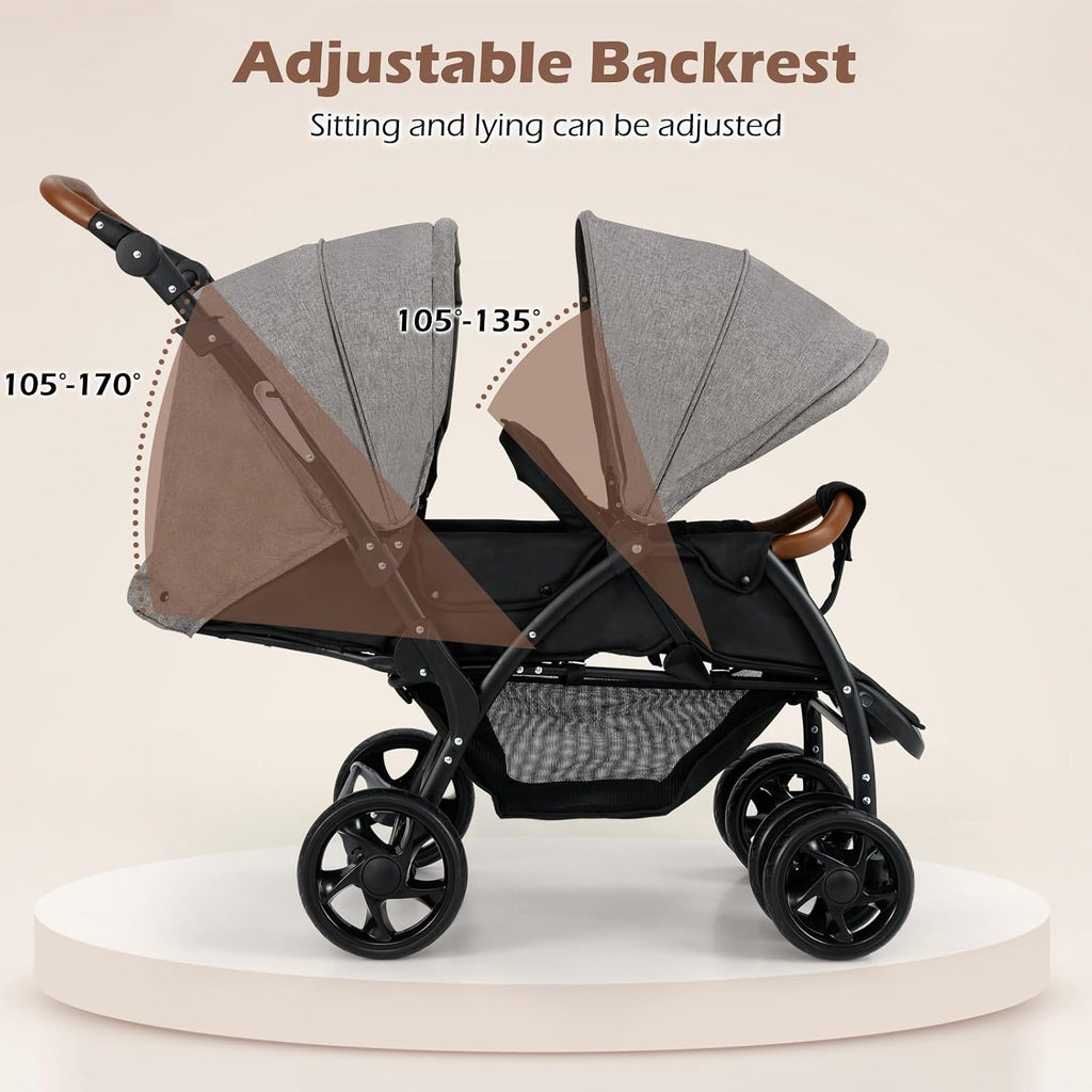 INFANS Double Stroller, Foldable Baby Tandem Stroller with Djustable Backrest Canopy Footrest, 5-Point Harness, Storage Basket, Convertible Compact Twin Stroller for Infants and Toddlers