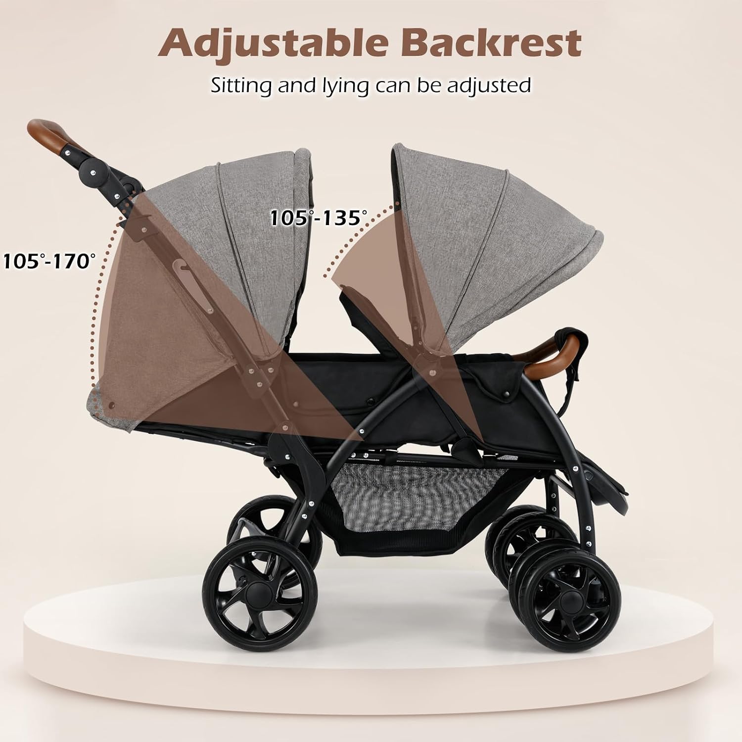 INFANS Double Stroller, Foldable Baby Tandem Stroller with Djustable Backrest Canopy Footrest, 5-Point Harness, Storage Basket, Convertible Compact Twin Stroller for Infants and Toddlers