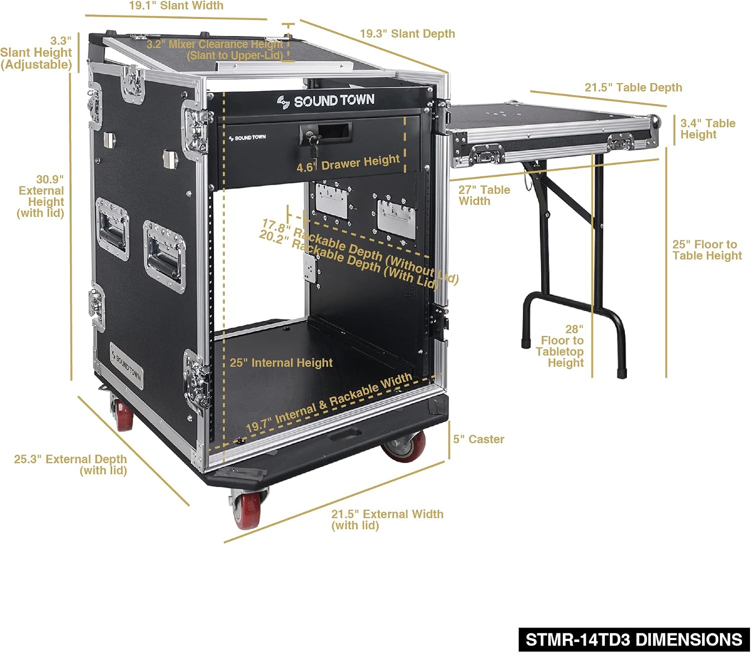 Sound Town Heavy-Duty 1/2' (12mm) Plywood 14U PA DJ Pro Audio Rack/Road ATA Case with 11U Slant Mixer Top, Locking Drawer, Side Table, 20'' Rackable Depth and Casters (STMR-14TD3)