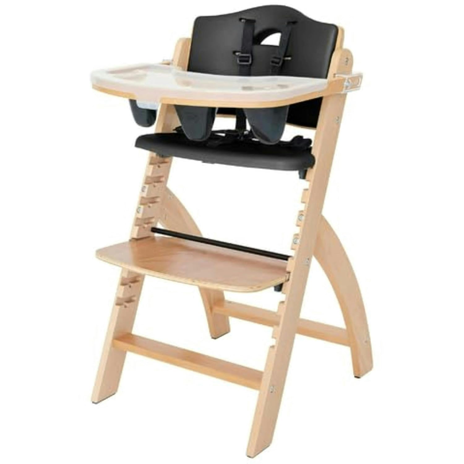 Abiie Beyond Junior Wooden High Chair for Babies and Toddlers - Convertible 3-in-1 Baby Highchair with Removable Tray - 6 Months to 250 Lb - Water Resistant - Natural Wood/Black Pearl Cushion