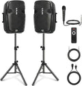 Wireless Portable PA Speaker System - 1800W High Powered Bluetooth Compatible Active + Passive Pair Outdoor Sound Speakers w/ USB SD MP3 AUX - 35mm Mount, 2 Stand, Microphone, Remote - Pyle PPHP1249KT