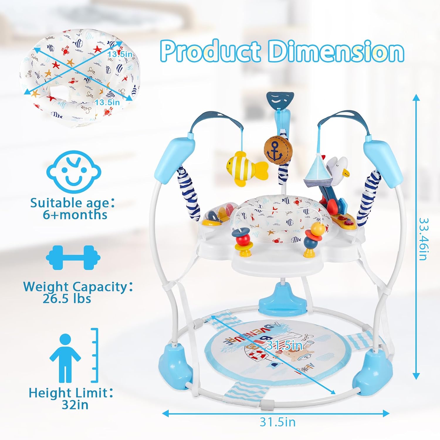 Baby Activity Center, Infant Jumpers and Bouncers with Music, Lights, Infant Toys, 360°Rotating Seat, 3 Adjustable Heights, Baby Play and Learning Center for 6+ Months