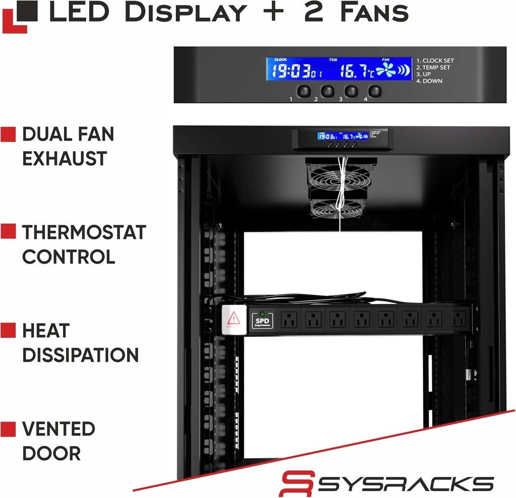 19' Server Rack Cabinet 12U – 35' Deep Network Cabinet Enclosure with Glass Door, Locking Panels, Cooling Fans, PDU & Shelf, IT Rack for Servers, Switches, AV Equipment