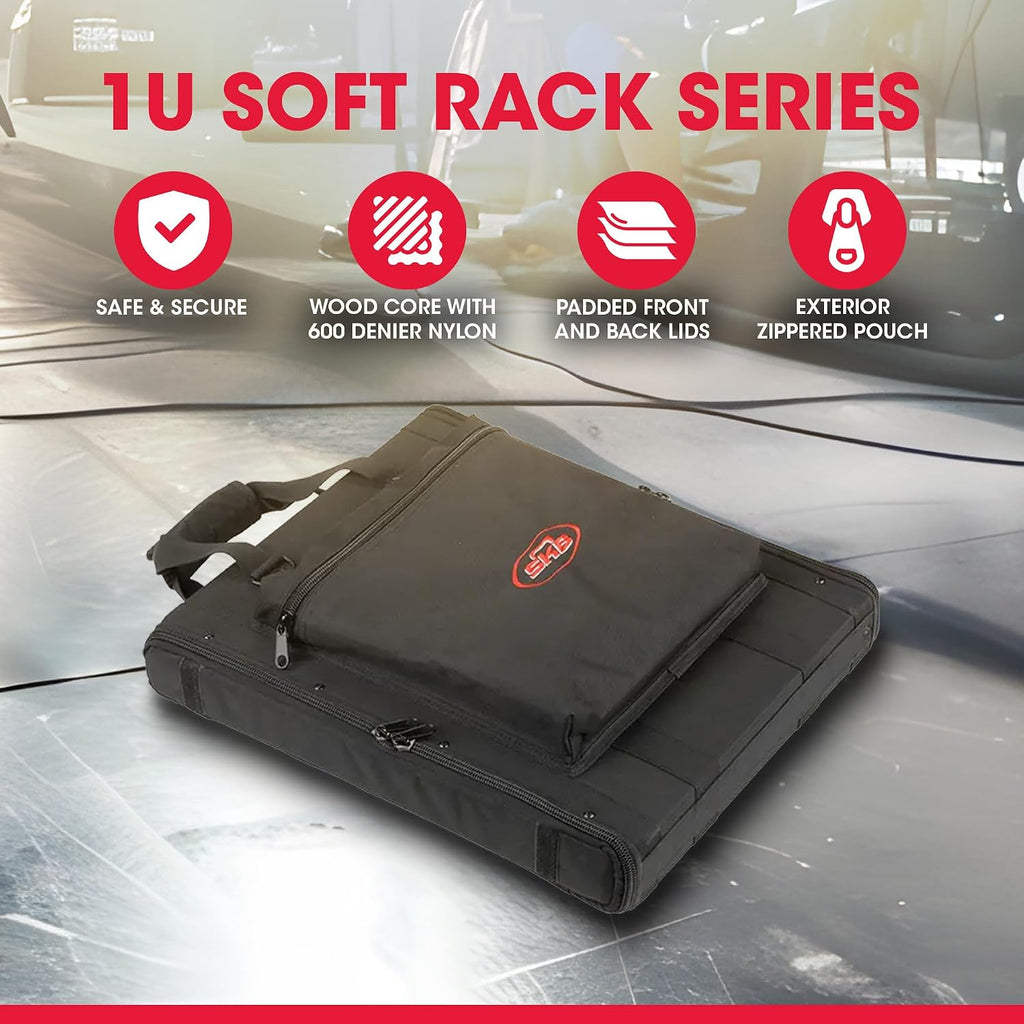 SKB Cases 1U Soft Rack Case for Wireless Microphone Systems with Steel Rails, Heavy Duty Zippers, Outer Pocket and Shoulder Straps, Black