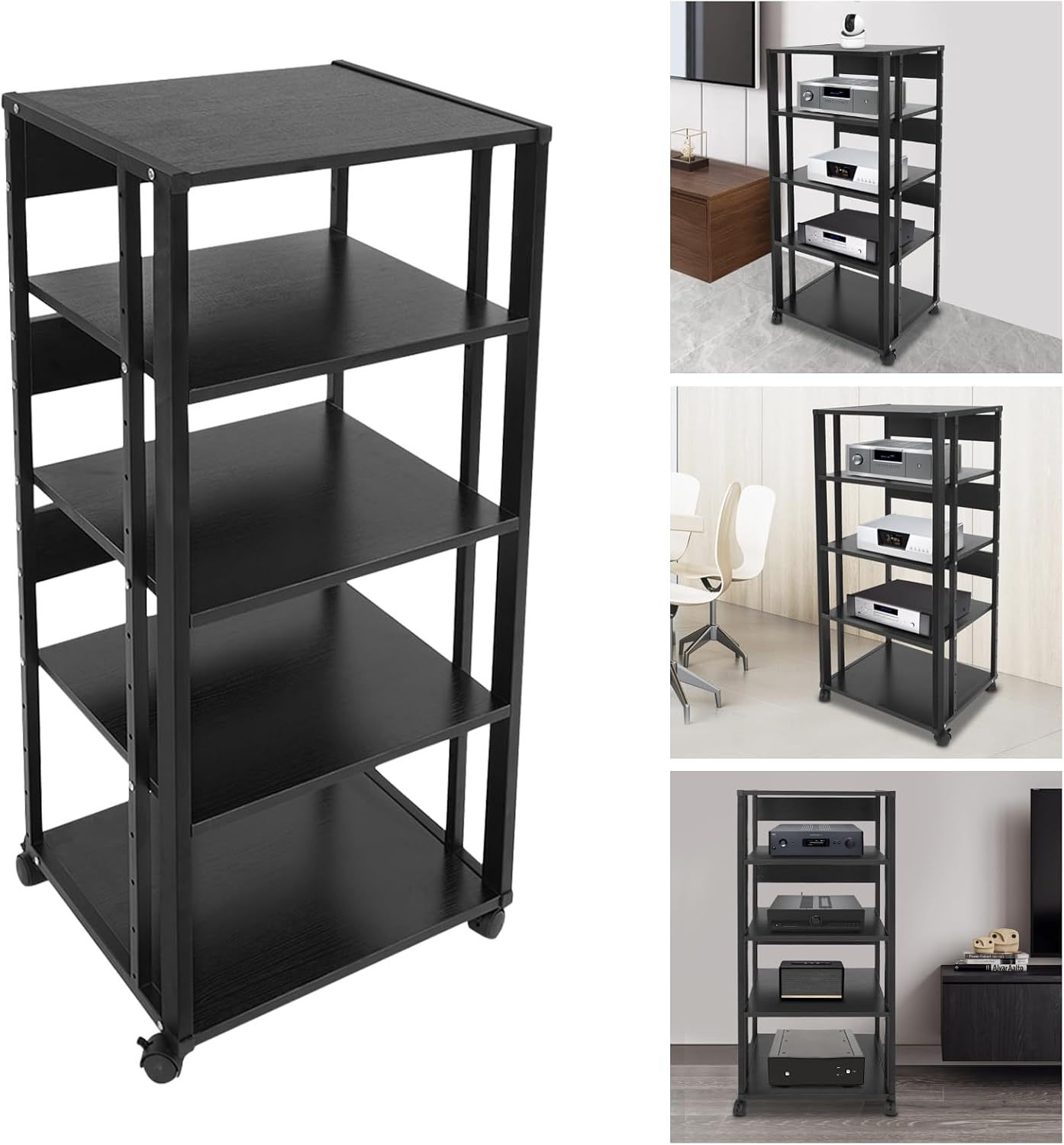 Rolling AV Media Stand Rack 5-Tier Audio Storage Cabinet Heavy Duty Steel Record Player Display Shelf Organizer Modern Stereo Audio Holder Tower with Lockable Wheels for Home Office Theater, Black