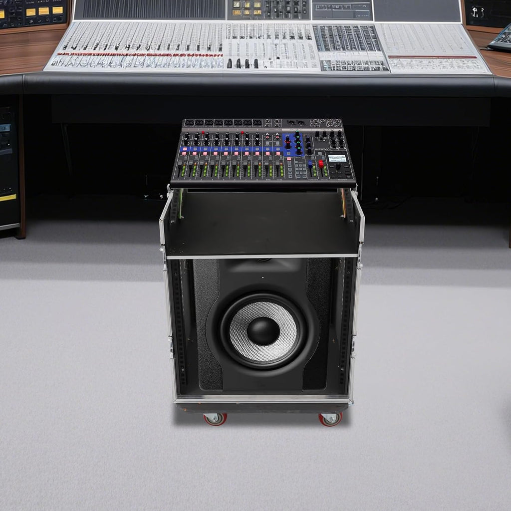 14U PA DJ Pro Audio Rack Road Case with 11U Slant Mixer Top and Casters, DJ Mixer Rack, Pro Tour Grade