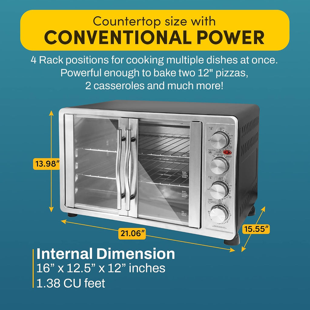 Elite Gourmet ETO4510MX French Door 47.5Qt, 18-Slice Convection Oven 4-Control Knobs, Bake Broil Toast Rotisserie Keep Warm, Includes 2 x 14' Pizza Racks, Stainless Steel