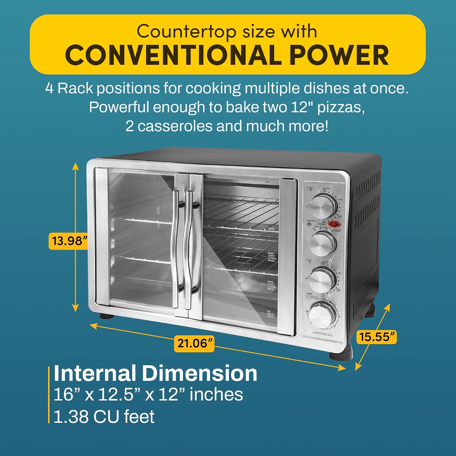 Elite Gourmet ETO4510MX French Door 47.5Qt, 18-Slice Convection Oven 4-Control Knobs, Bake Broil Toast Rotisserie Keep Warm, Includes 2 x 14' Pizza Racks, Stainless Steel
