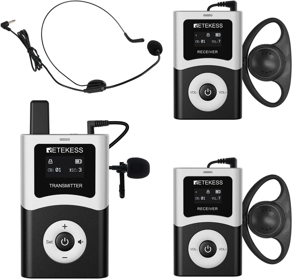Retekess T130U(4nd Gen T130) Whisper Tour Guide System, Tour Guide Microphone and Speaker, Clear Sound Quality, One-Key Operation, Tour Guide Headsets for VIP Travel(1 Transmitter 2 Receivers)