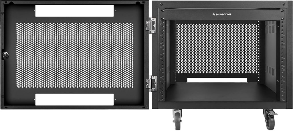 Sound Town 8U Universal Steel Rack, w/Mesh Doors, Locking Casters, Vented Side Panels for Audio Video, Server and Network Equipment (STRK-M8UWD)