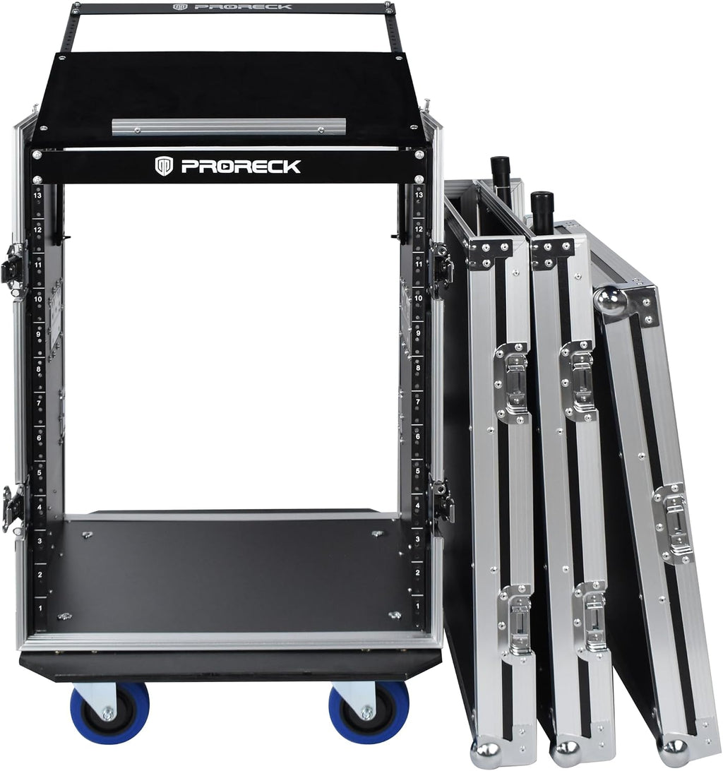 PRORECK 14U Rack/Road Case With Slant Mixer Top, One Side Table And Casters, 20'' Rackable Depth, Plywood, 14U Installation Size, Pro Stage Performance.