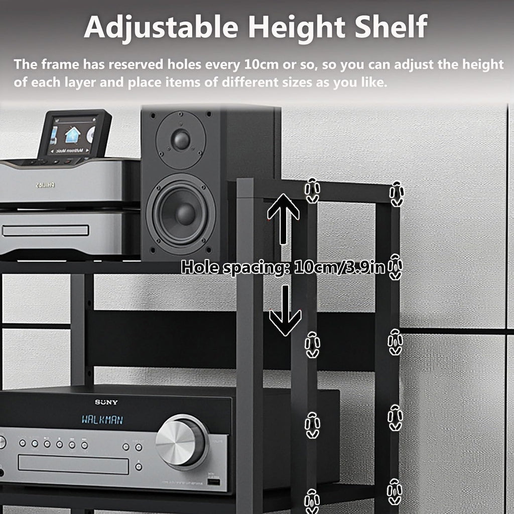 5-Tier AV Media Stand with Wheels, Audio-Video Shelving Adjustable, Modern Stereo Cabinet Receiver Console Shelf, Audio Component Rack for Home/Office/Theater, Blcak