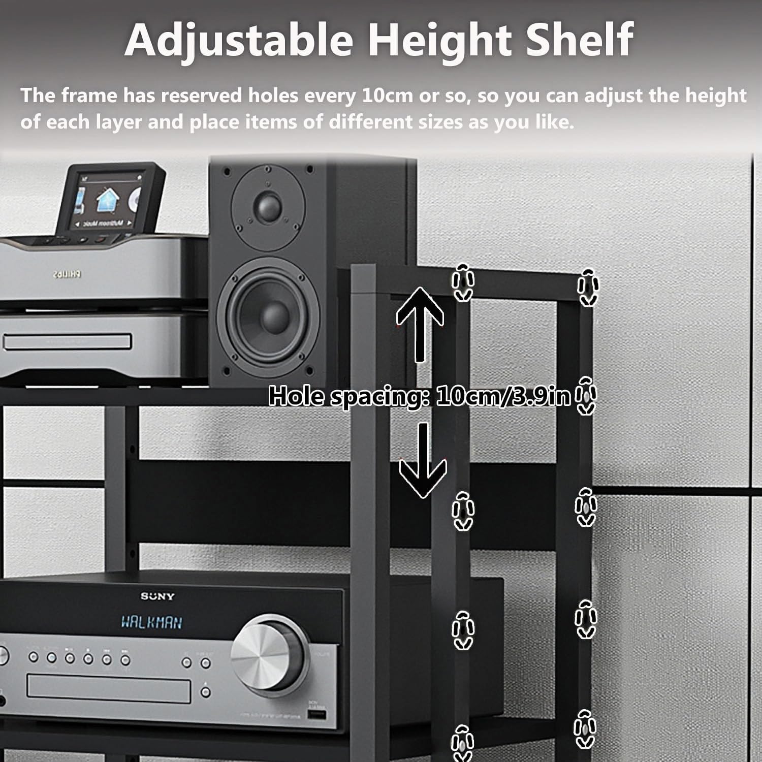 5-Tier AV Media Stand with Wheels, Audio-Video Shelving Adjustable, Modern Stereo Cabinet Receiver Console Shelf, Audio Component Rack for Home/Office/Theater, Blcak