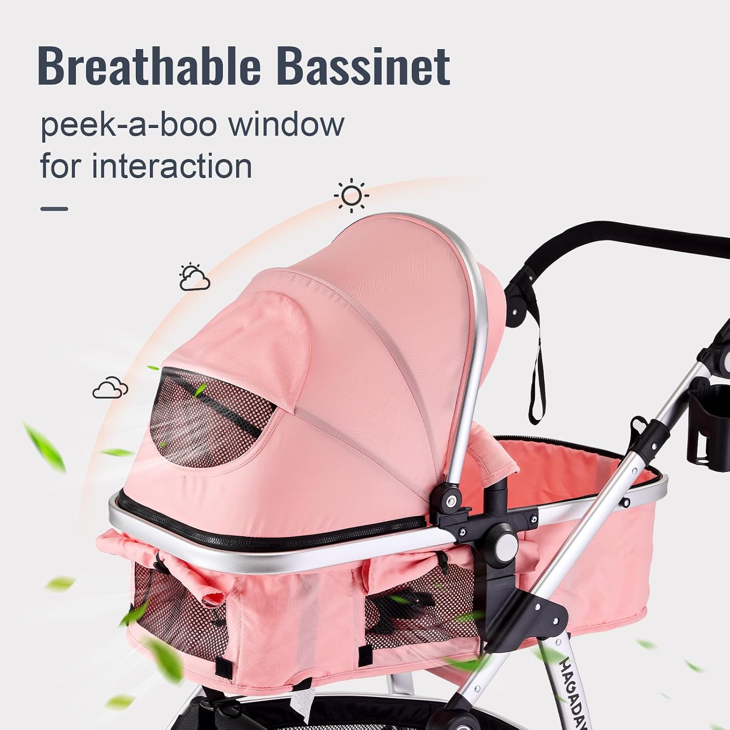 Hagaday Baby Stroller, 2-in-1 Reversible Toddler Seat with Bassinet Mode, Foldable Infant Stroller with Canopy, One Button Brake, Adjustable Handle, Newborn Pushchair(Pink)