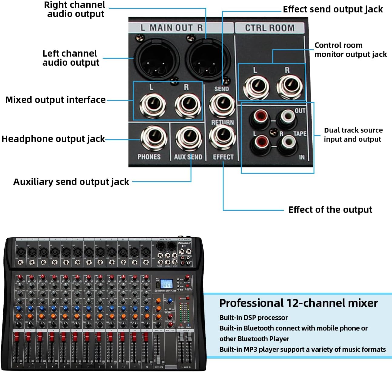 Depensheng DX12 DJ Sound Controller Interface w/USB Drive for Computer Recording 12-Channel Studio Audio Mixer - XLR Microphone Jack, 48V Power, RCA Input/Output for Professional and Beginners