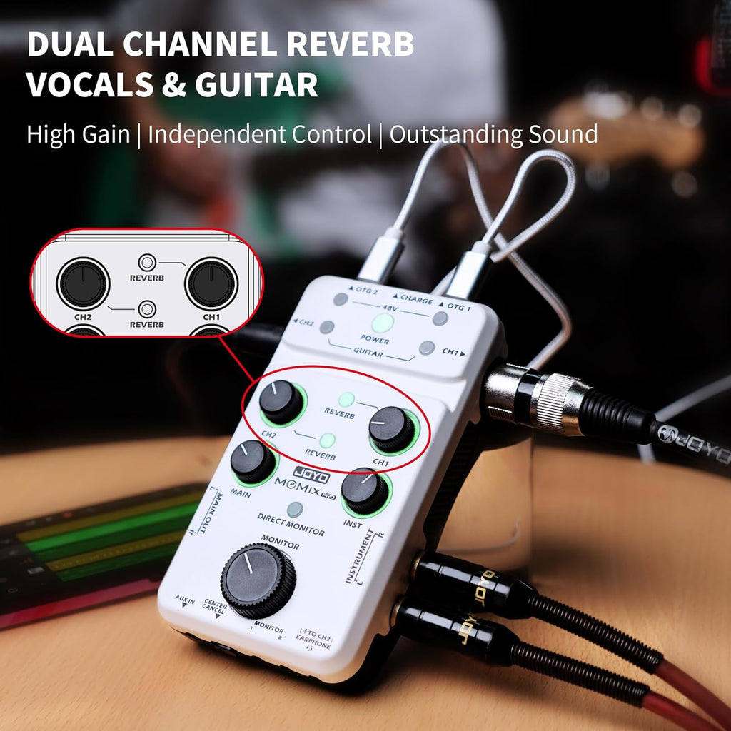 JOYO Audio Mixer USB Audio Interface Stereo XLR+48V Phantom Power Mixer for Live Streaming Recording Podcasting Plug & Play (MOMIX PRO)