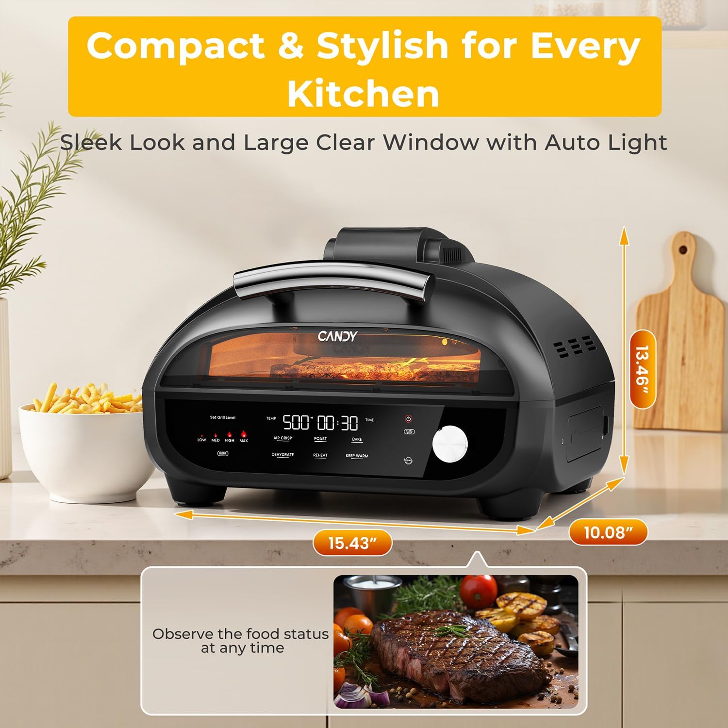 Candy Indoor Grill & Air Fryer with Ceramic Accessories, 500°F Max, 7-IN-1 Digital Display, 5.2 QT Electric Low Smoke with View Window, Smart Thermometer, Crisp, Roast & Dehydrate, Easy Clean, 1500W